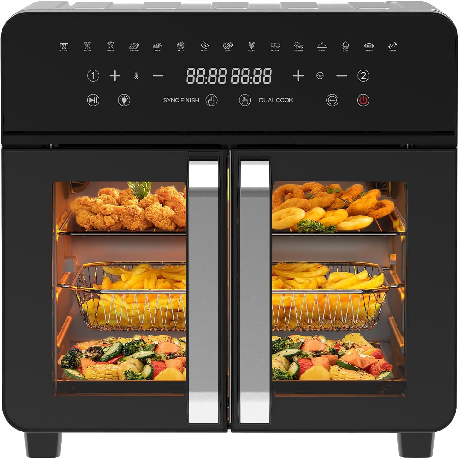 Heißluftfritteuse 23L Dual Zone - XXL Airfryer mit French Door | Heissluftfritteuse Ofen mit Doppelkammer, 15 Programme, 2200W, 12 Zubehör, Herausnehmbarem Trenner für Kochraum, 50-200℃