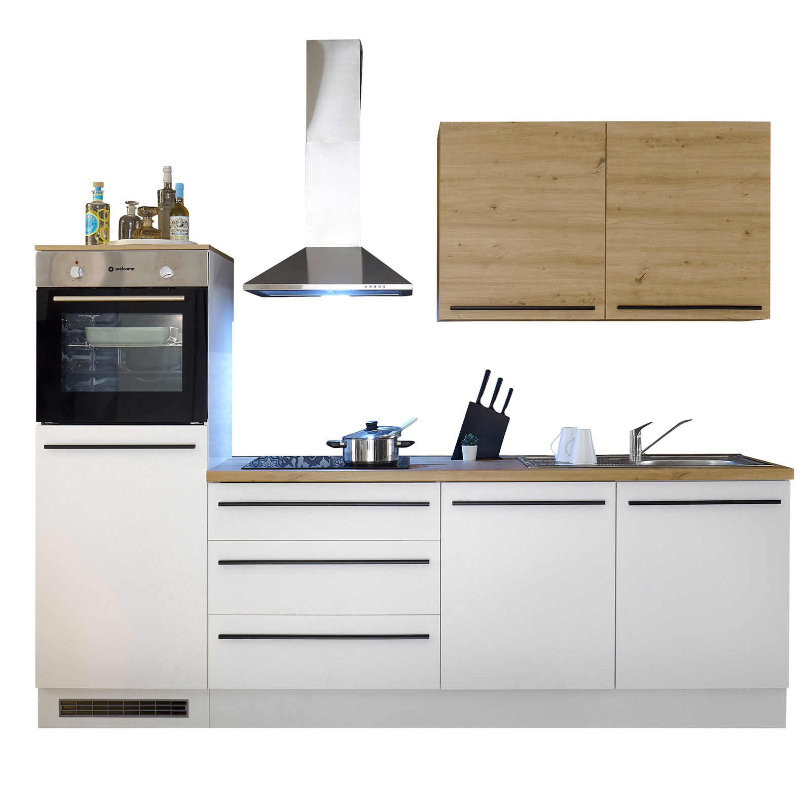 Küchenblock - weiß - Artisan Eiche - mit E-Geräten - 260 cm
