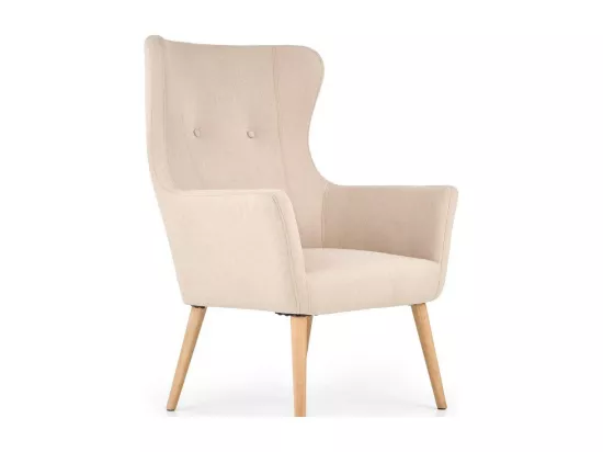 Fauteuil rembourré en tissu beige avec dossier haut et pieds en bois de caoutchouc WISH