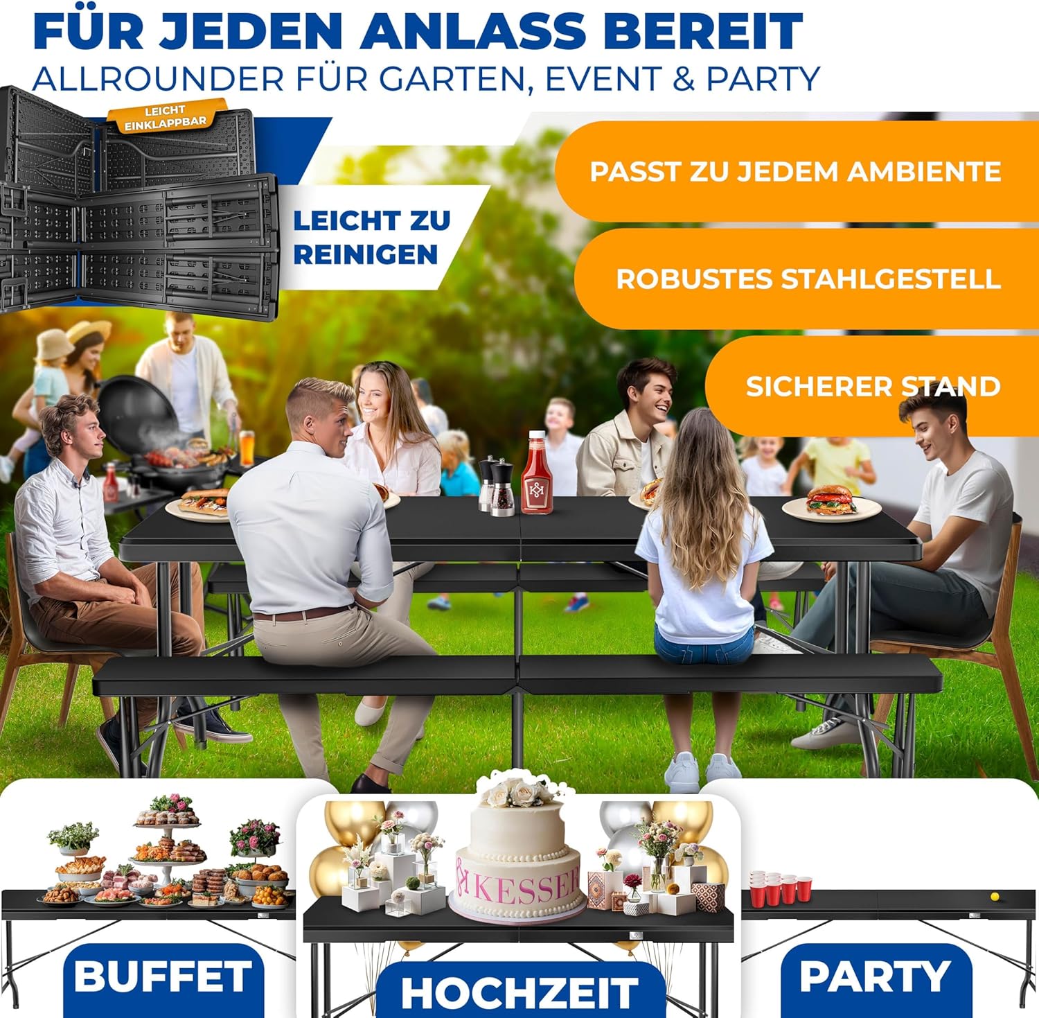 KESSER® Bierzeltgarnitur 3-teilig Set Tisch & 2x Bank | Buffettisch für drinnen & draußen Gartengarnitur klappbar 183x76x74cm Kunststoff Klapptisch Rattan-Look Gartentisch Inkl Abdeckung & Tragegriffe