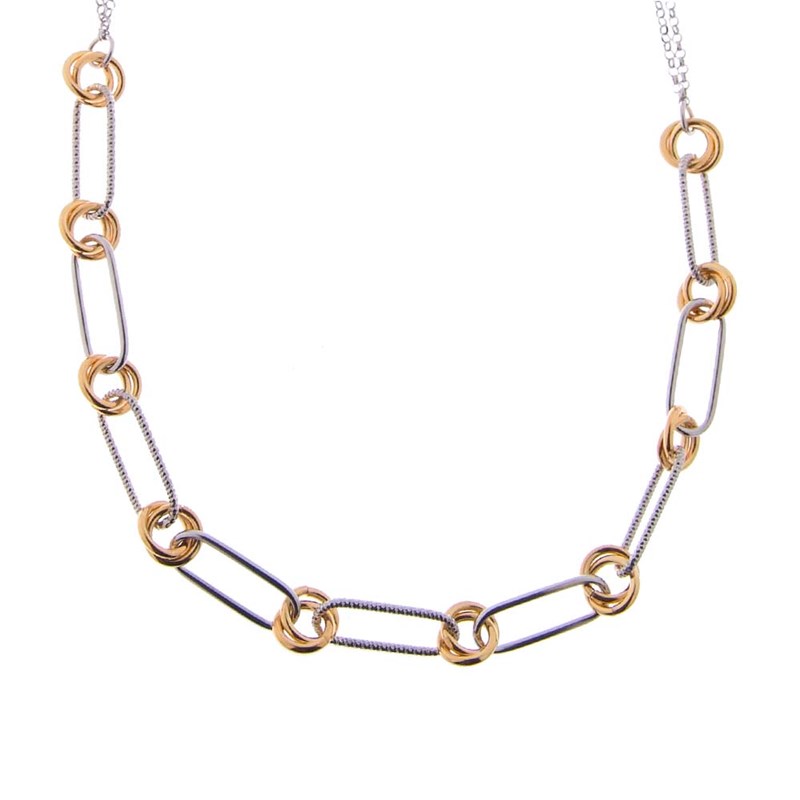 Collier Argent Et Doré Grosse Maille Et Double Cercle Lisse Et Diamanté