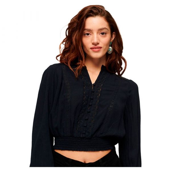 Superdry Lace Trim Smocked Long Sleeve Blouse Preto M Mulher