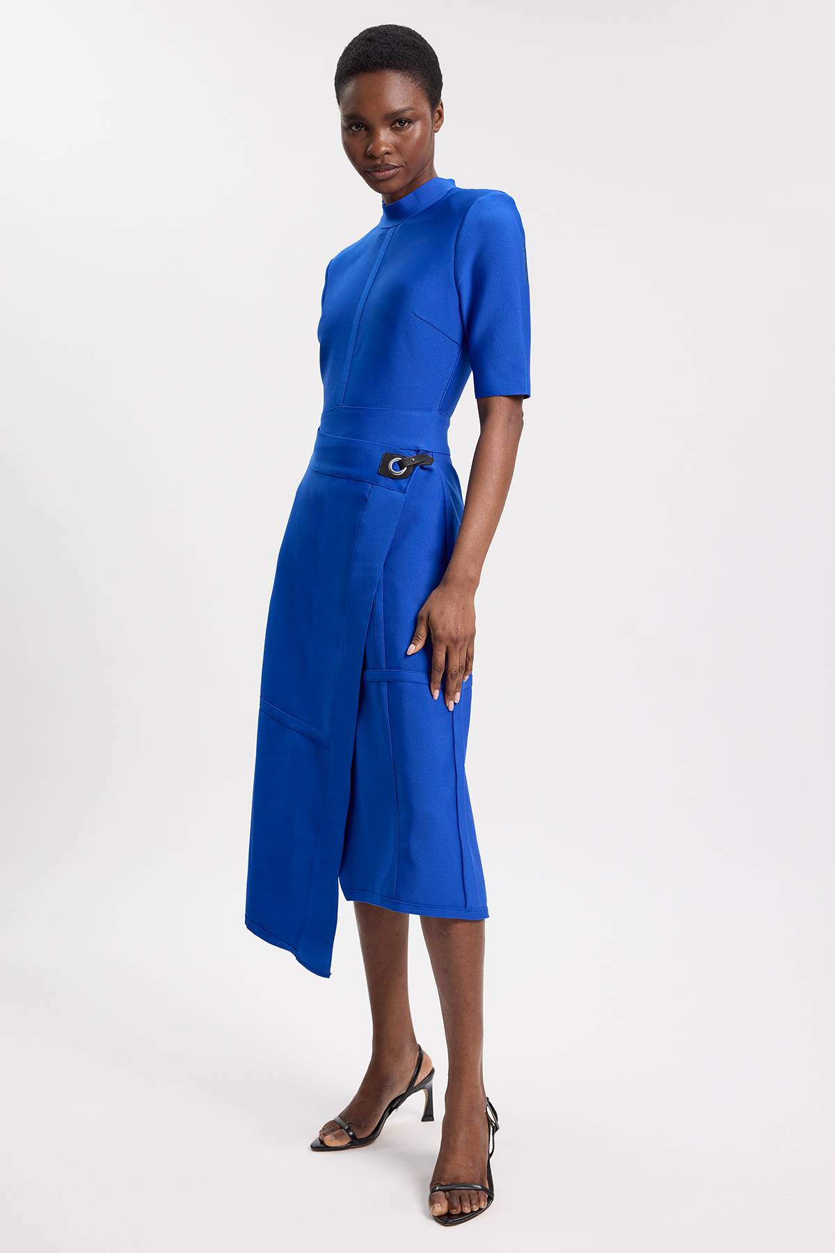 KarenMillen Robe Midi Tricot Bandage Asymétrique Effet Sculptant