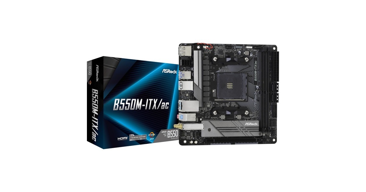 ASRockB550M-ITX/ac socket AM4 moederbord  (Zwart/grijs, RAID, Gb-LAN, WiFi 5, BT, Sound, Mini-ITX)