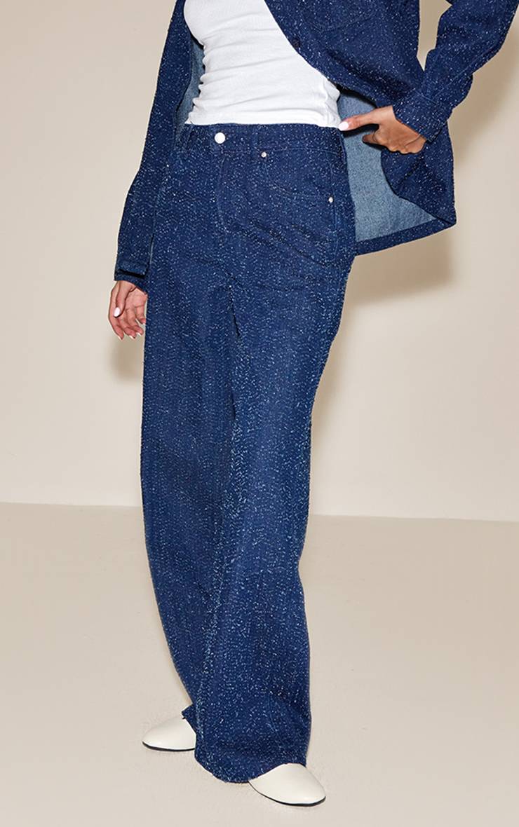 Bleu Foncé Jean En Denim Bouclé Taille Haute