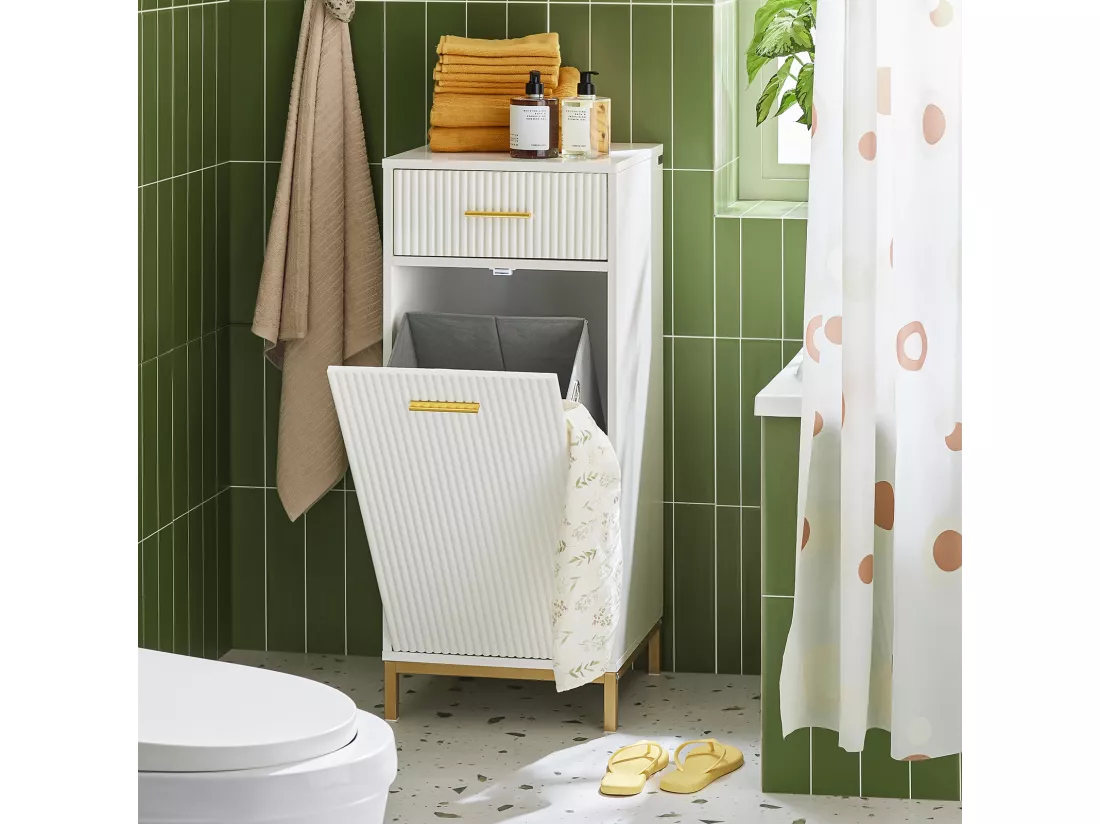 SoBuy BZR180-W Armoire à linge, Corbeille à Linge, Meuble Bas de Salle de Bain sur Pieds, Armoire Toilette, Meuble de Rangement avec 1 Tiroir et 1 Panier à Linge Amovible, Blanc