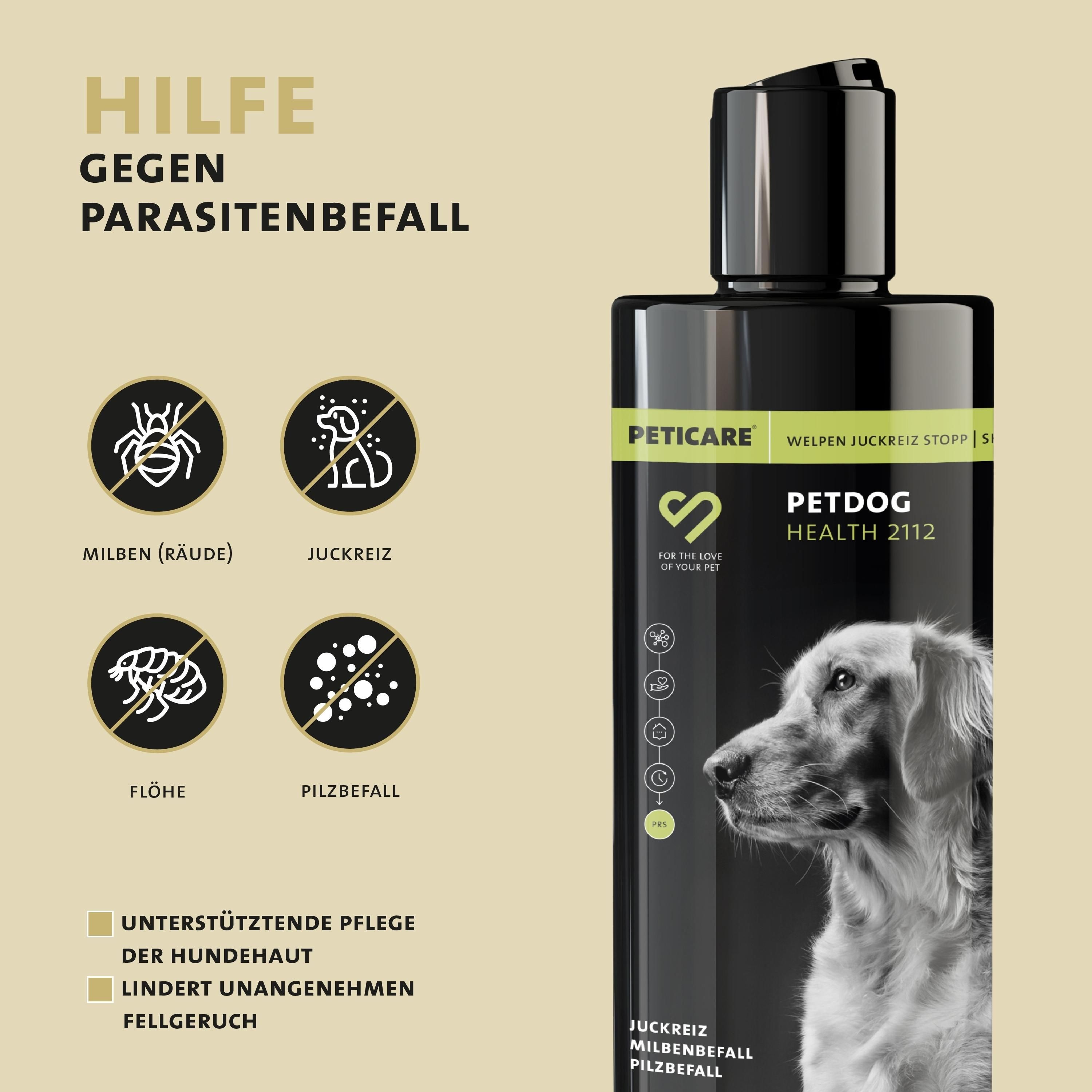 Peticare Anti-Parasiten Welpen-Shampoo gegen Milben Flöhe Pilz, lindert Juckreiz