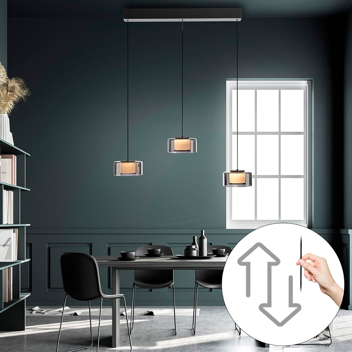 Hanglamp zwart met smoke glas incl. LED 3-lichts easylift - Rika