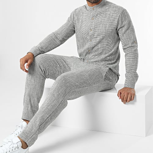Ensemble Chemise Manches Longues Col Mao Et Pantalon Gris
