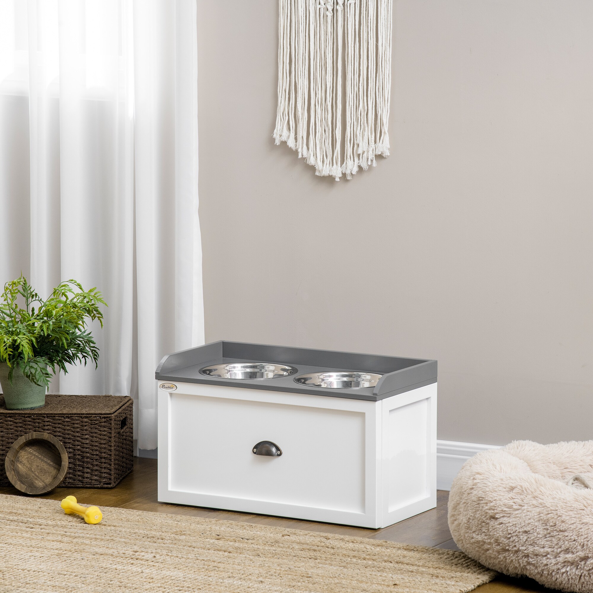 PawHut Futterstation mit Schublade grau, weiß 60L x 30B x 36H cm