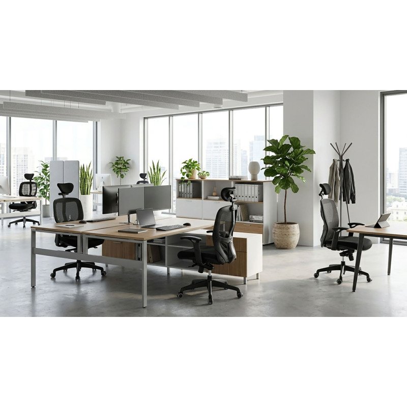 Chaise de bureau ergonomique Mikado tissu et maille noir - dossier haut accoudoirs appui-tête soutien lombaire - mécanisme Synchrone - pieds noir