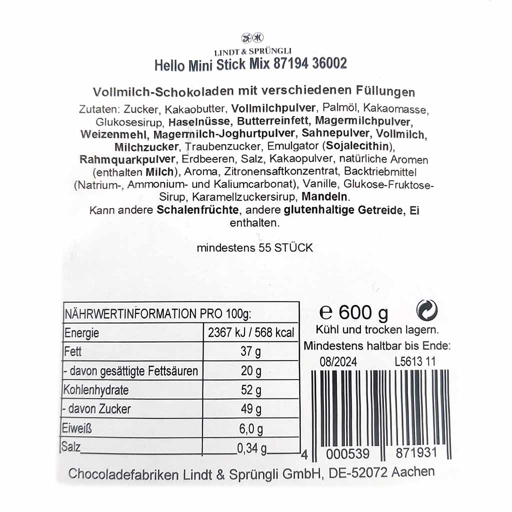 Lindt Hello Mini Stick Mix 600g MHD:31.7.25