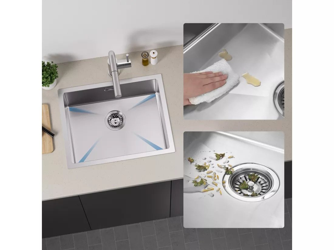 2en1 Évier de Cuisine 1 Bac 55*44*19CM, à Encastrer/Fleur/ Sous-Plan, Brossé+Robinet de Cuisine Flexible Bec Haut Orientable Librement,Blanc
