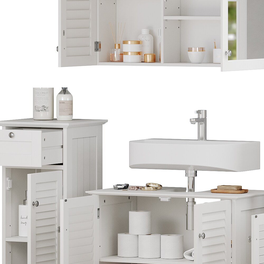 Vicco Badmöbel-Set Riad, Weiß, Badezimmer, moderne Badserie, Lamellen-Front, Waschtischunterschrank, Spiegelschrank, Midischrank