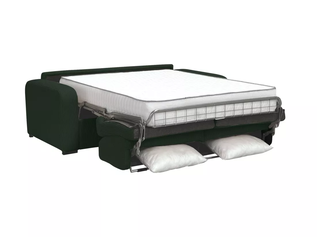 Canapé 3 places convertible express en velours côtelé vert sapin - Couchage à lattes larges 140 cm - Matelas 20 cm - BEVIS