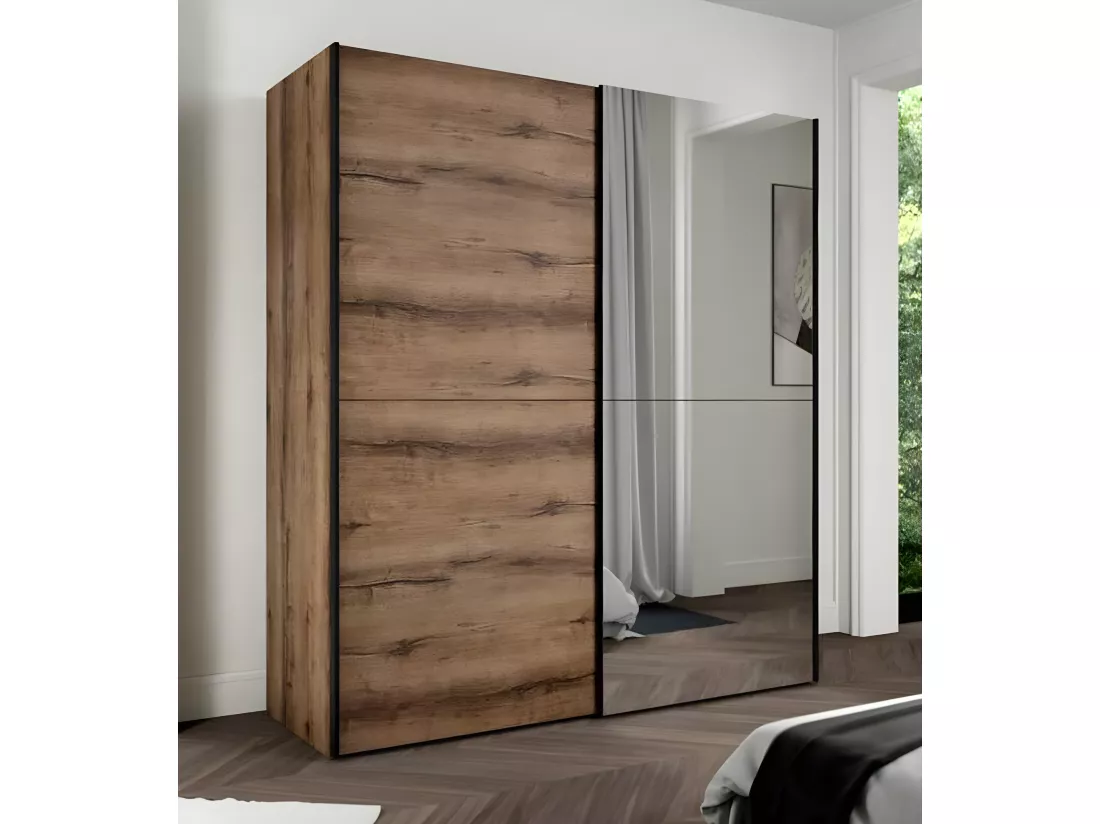Armoire 2 portes coulissantes 5 tablettes décor chêne miroir - JEIK