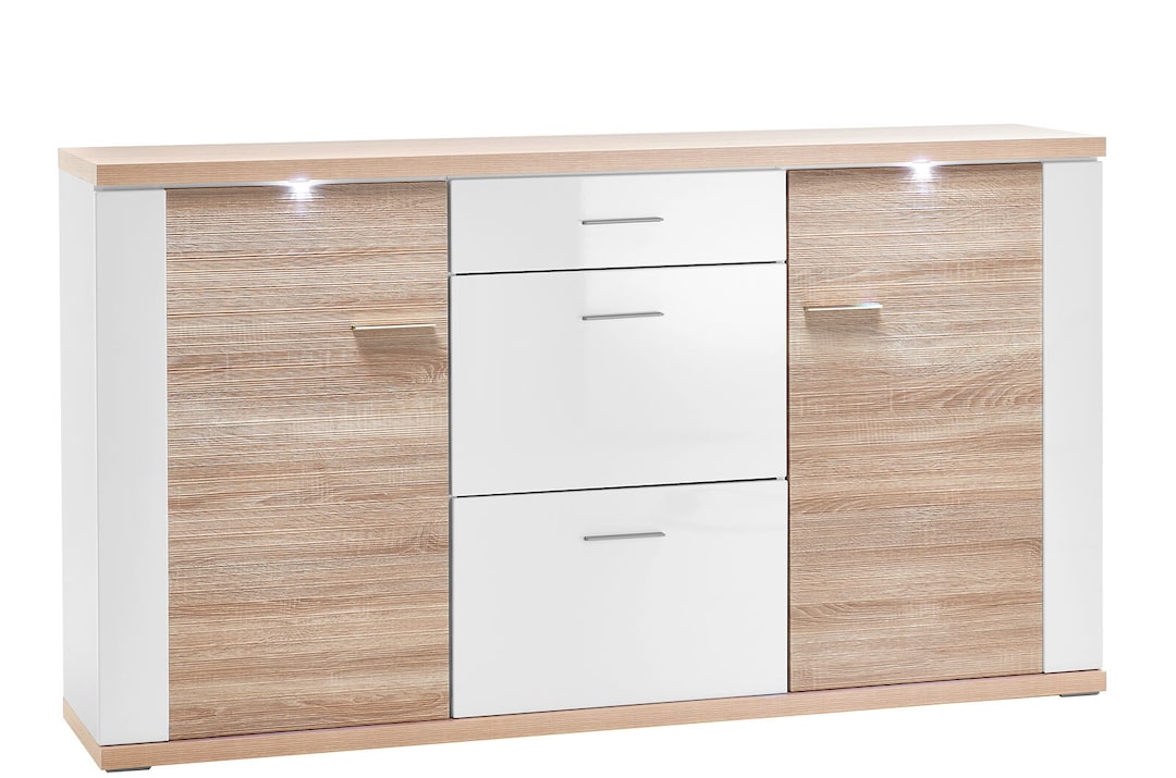 Sideboard Manhattan Weiß Arctic Hochglanz/Eiche sägerau