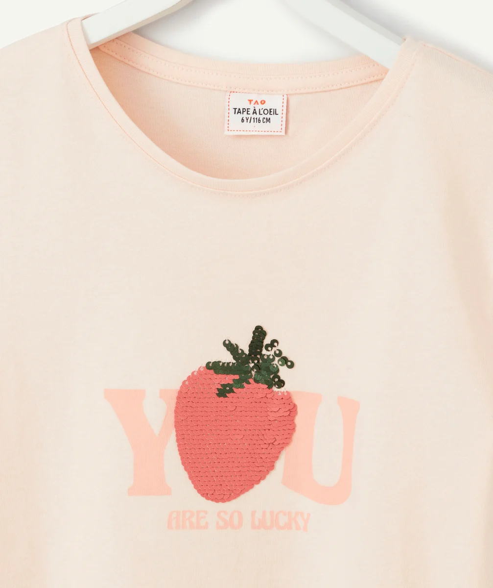 T-SHIRT FILLE EN FIBRES RECYCLÉES ROSE AVEC MESSAGE ET SEQUINS