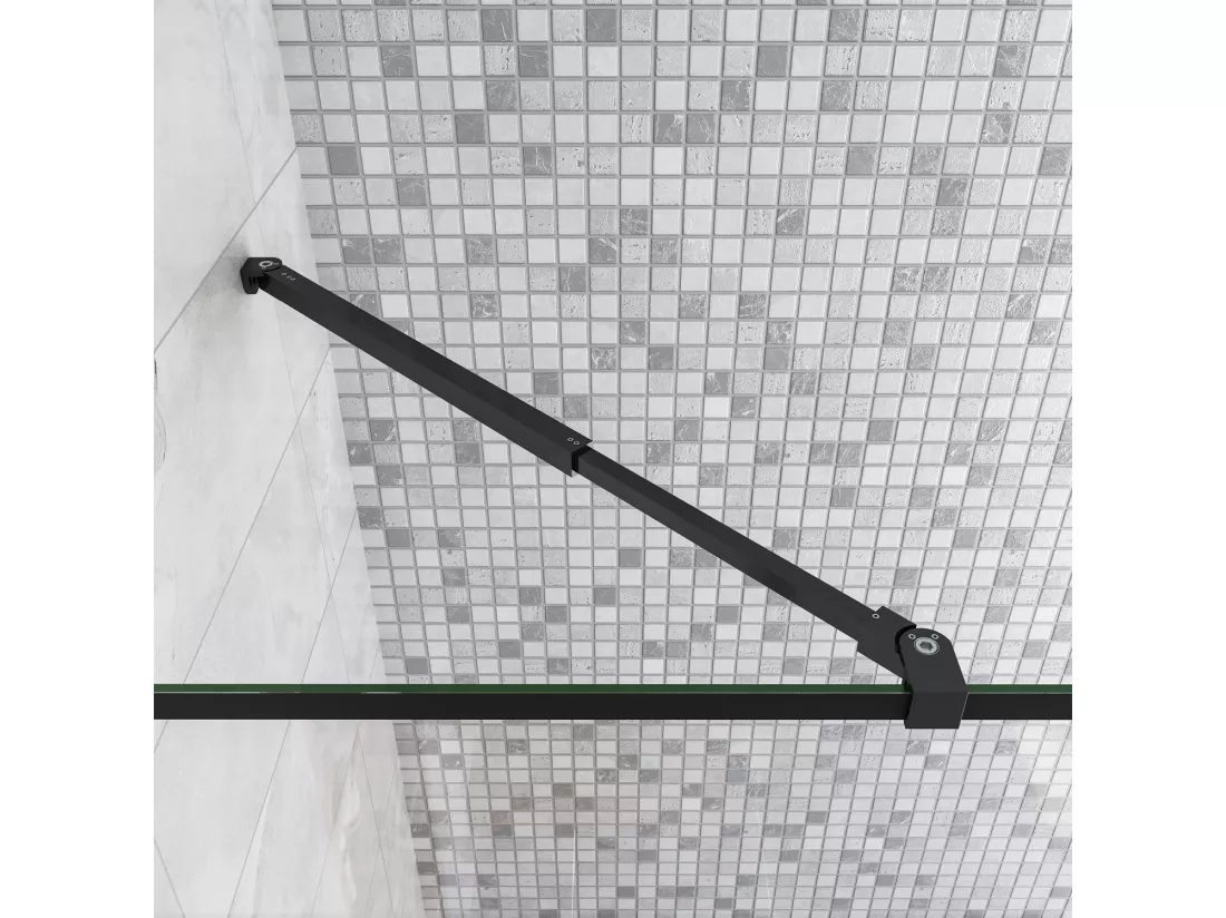 Paroi de douche fixe à l'italienne 120+30x200cm avec retour pivotant - Noir - avec barre de fixation 73-120cm en carré