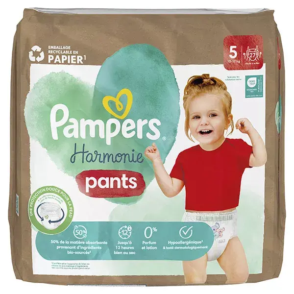 Fraldas Pampers Harmonie Pants Tamanho 5 (12-17 kg) com embalagem de papel reciclável