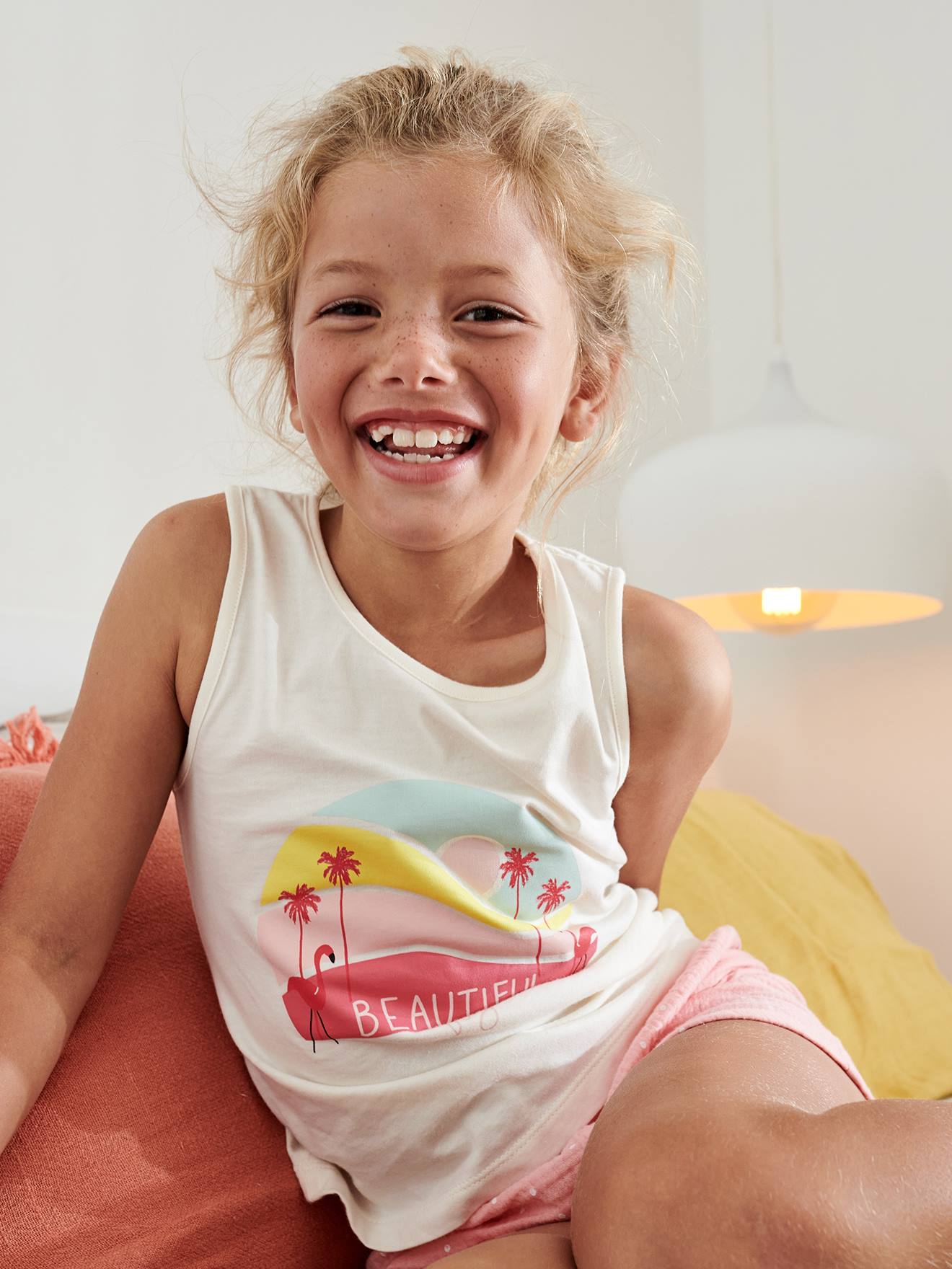 Pijama curto rosa com estampa de flamingo, em chiffon 100% algodão, para meninas.