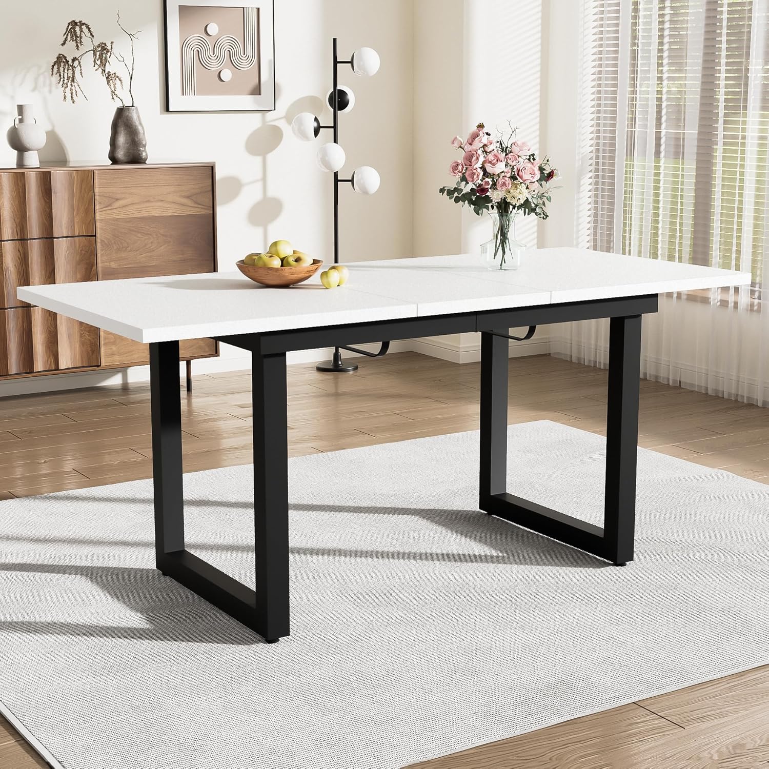 Merax Esstisch, Ausziehbar Esszimmertisch mit Tischbeine aus Metall, Rechteckiger Küchentisch für Wohnzimmer und Esszimmer, Weiß