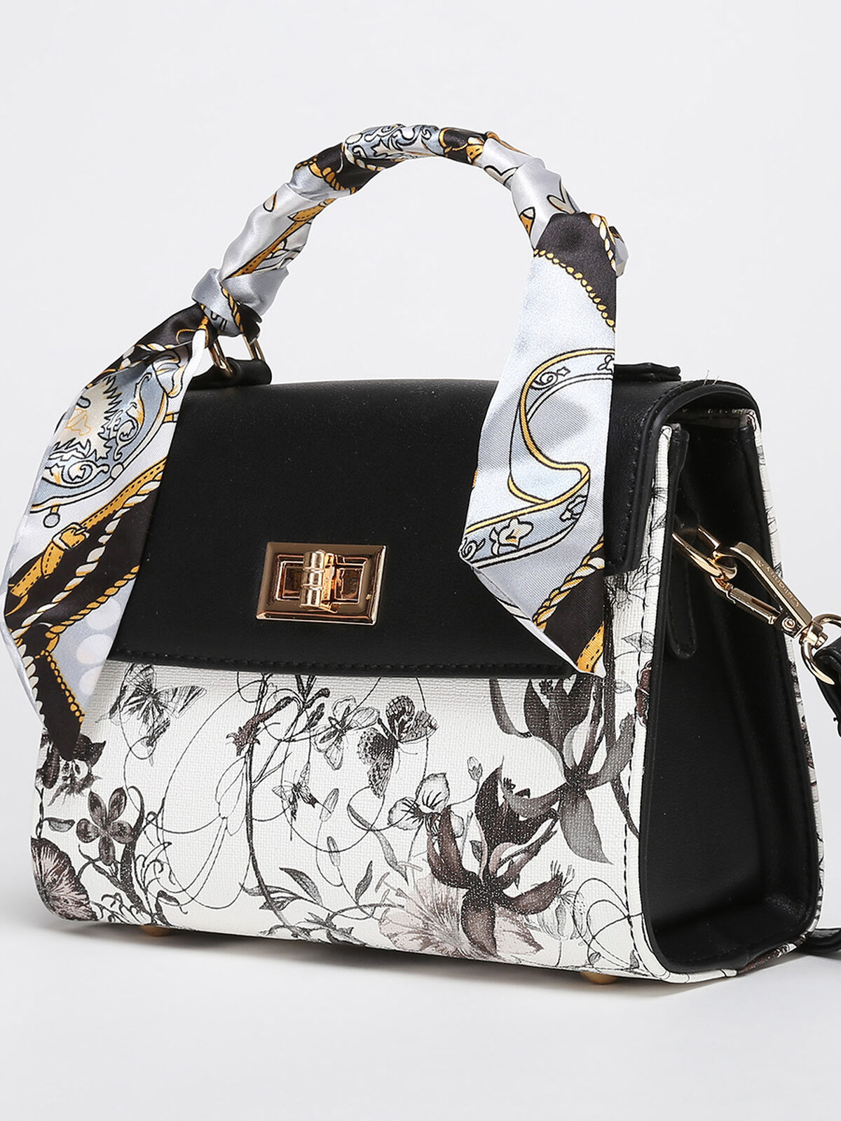 Sac à main à imprimé floral et foulard amovible- Noir