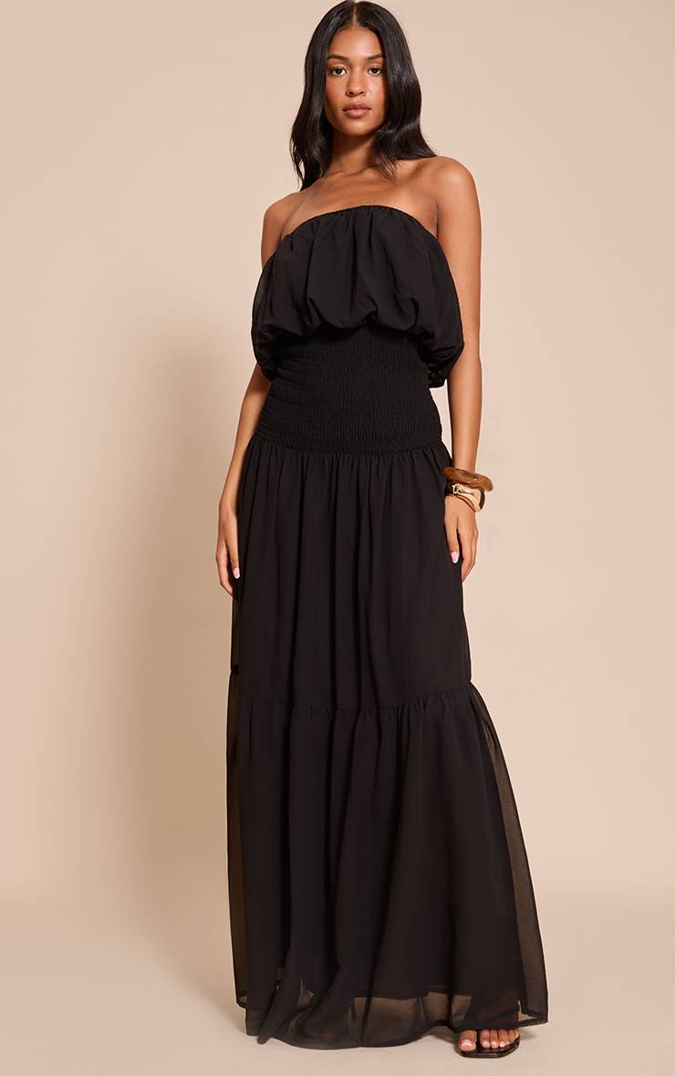 Noir Robe Maxi Longue En Mousseline À Bustier Avec Taille Froncée