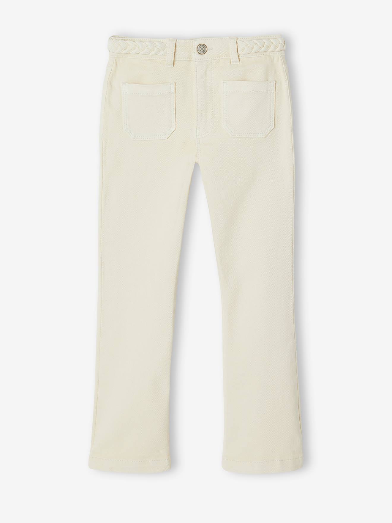 Calça boca de sino com cinto trançado elegante para meninas, cor cru