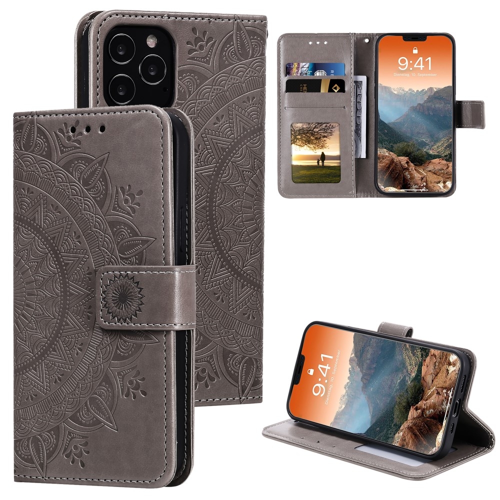 iPhone 12 / iPhone 12 Pro Leder Tasche Wallet - Mandala Flowers Imprint - Grau