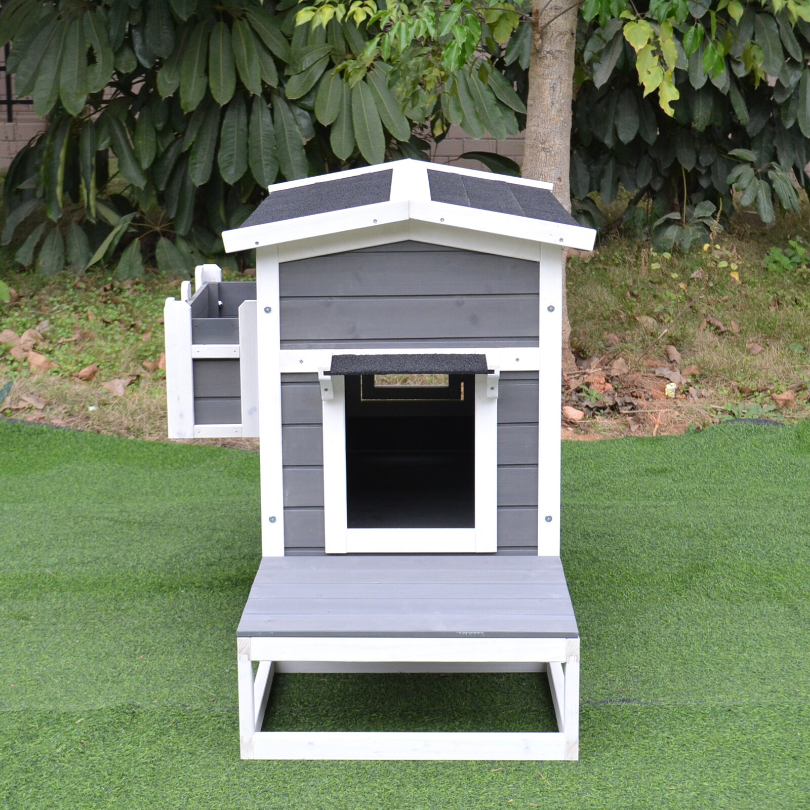 PawHut Katzenhaus mit Terrasse und Balkon grau, weiß 115 x 66,5 x 74,7 cm (LxBxH)
