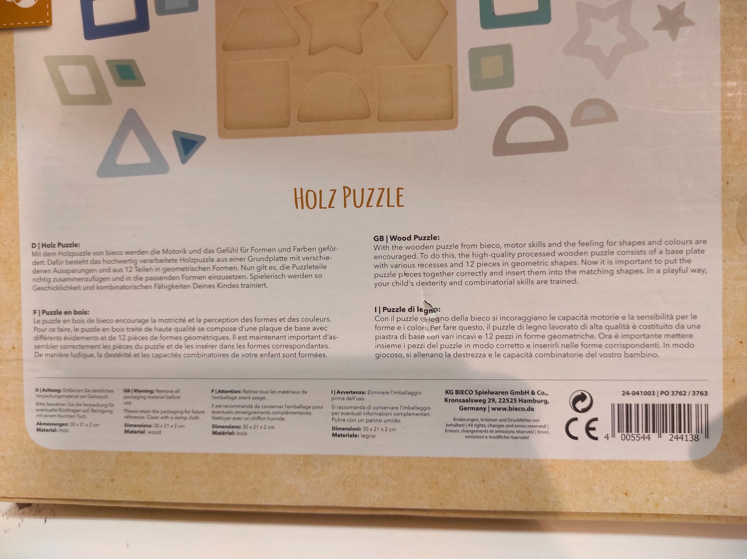 Bieco Geometrisches Puzzle aus Holz - ab 12 Monate Blau