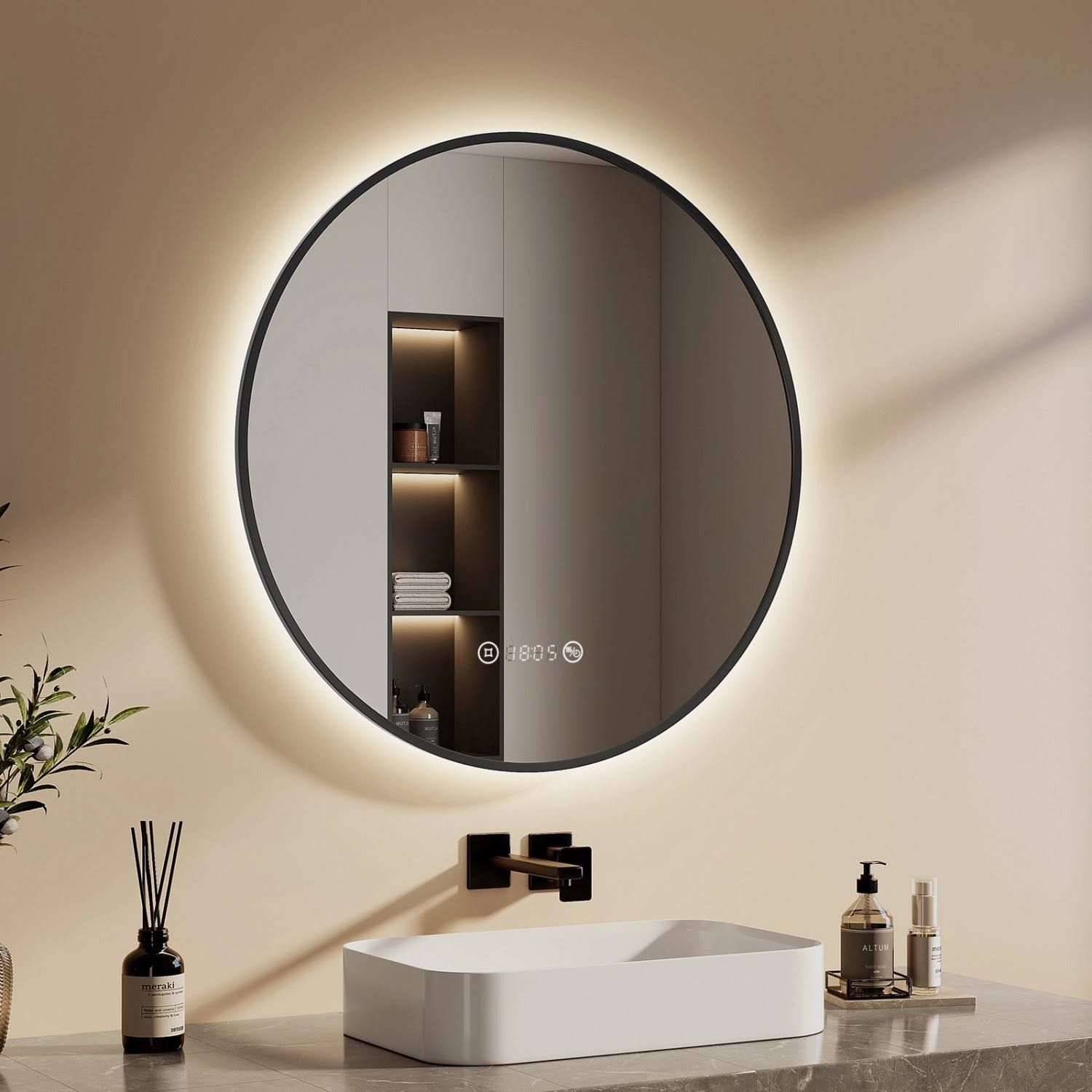 Emke Spiegelschrank Badezimmerspiegel mit Beleuchtung Φ80cm