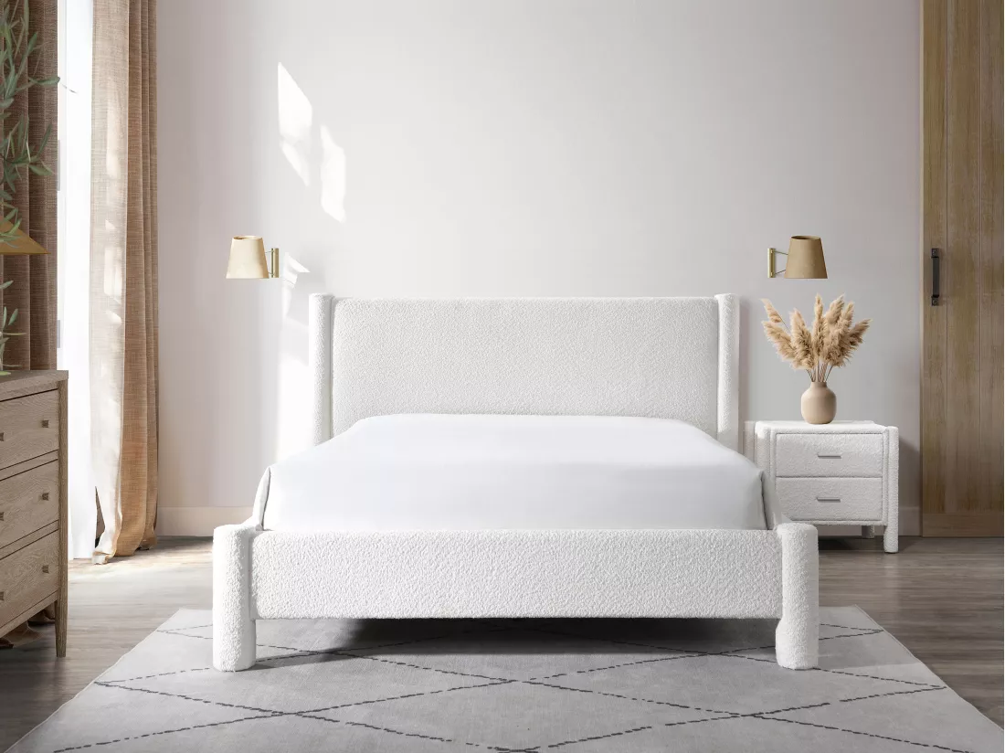 Lit 180 x 200 cm - Tissu bouclette - Blanc - CONOMO
