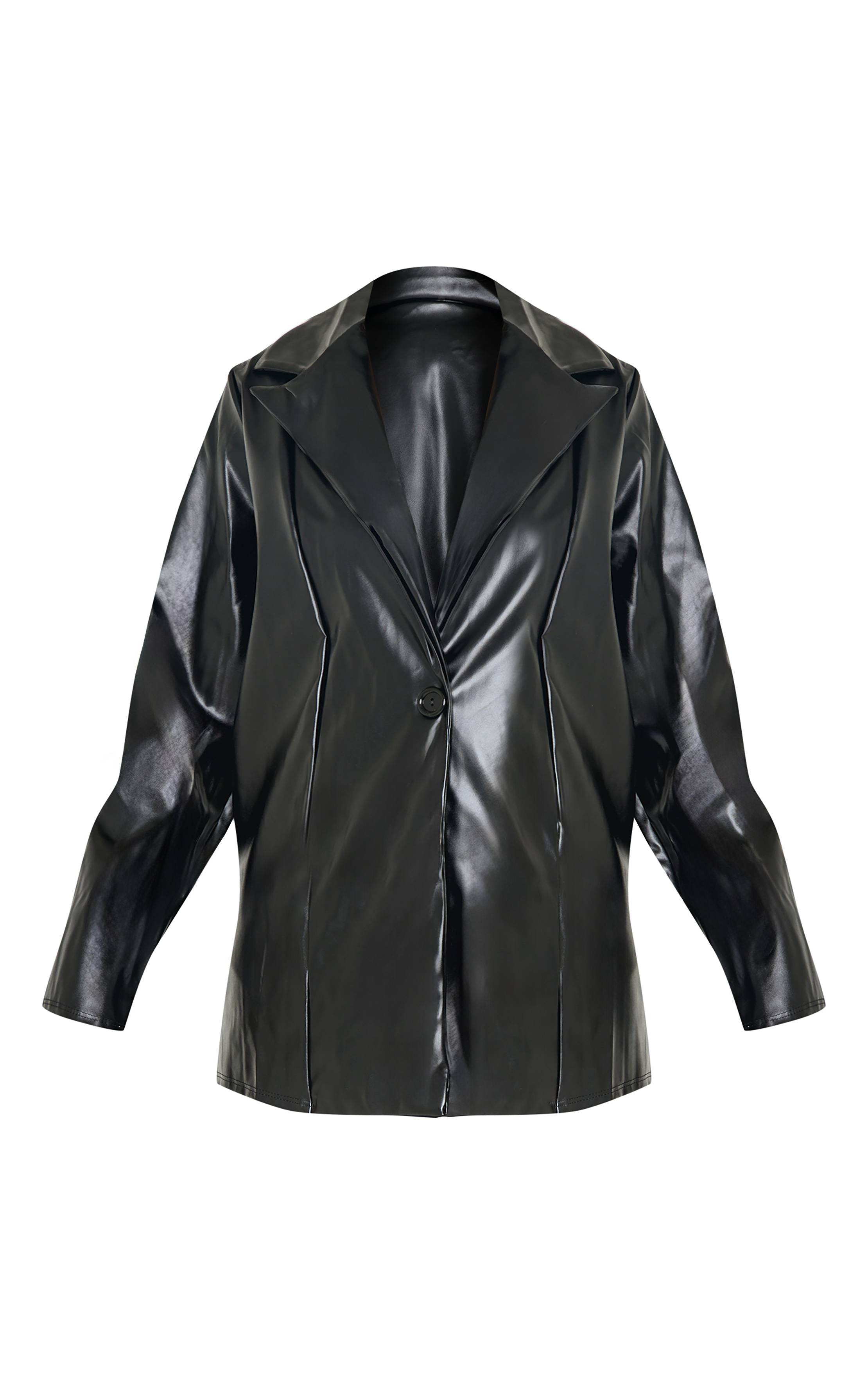 Noir Blazer Long En Synthétiquecuir Avec Détail De Revers