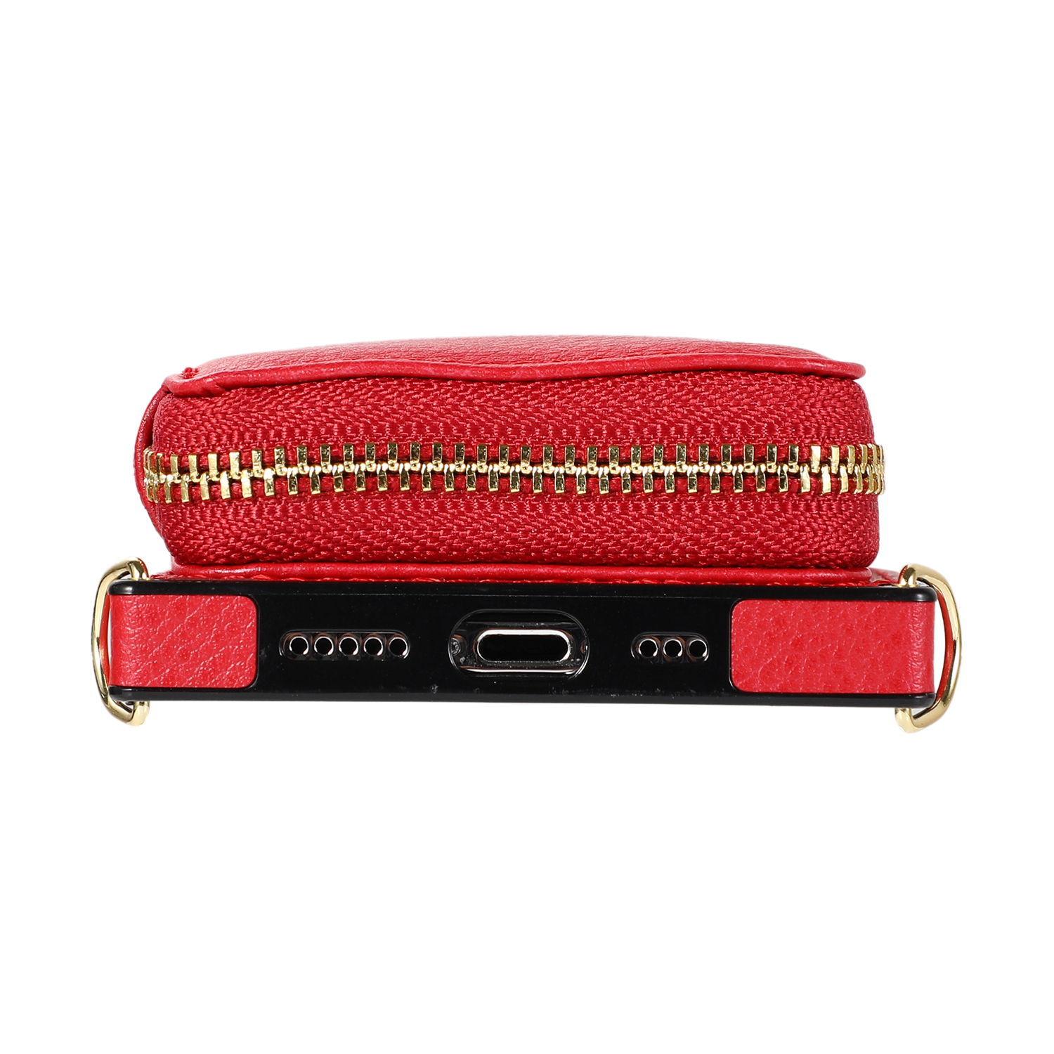 iPhone 13 Necklace Leder Schutz Hülle mit Kartenfächer   Handykette (140cm) - Rot