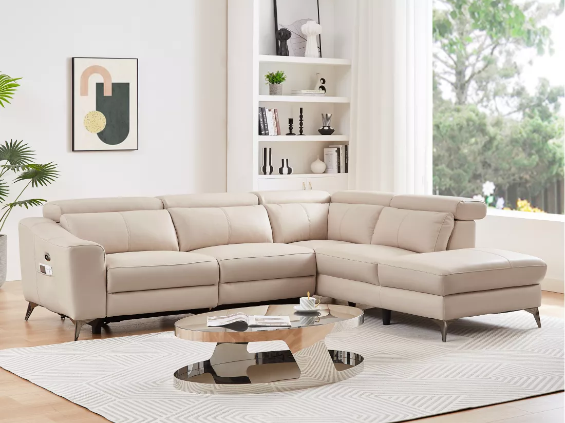 Canapé d'angle droit relax électrique en cuir crème FORLO