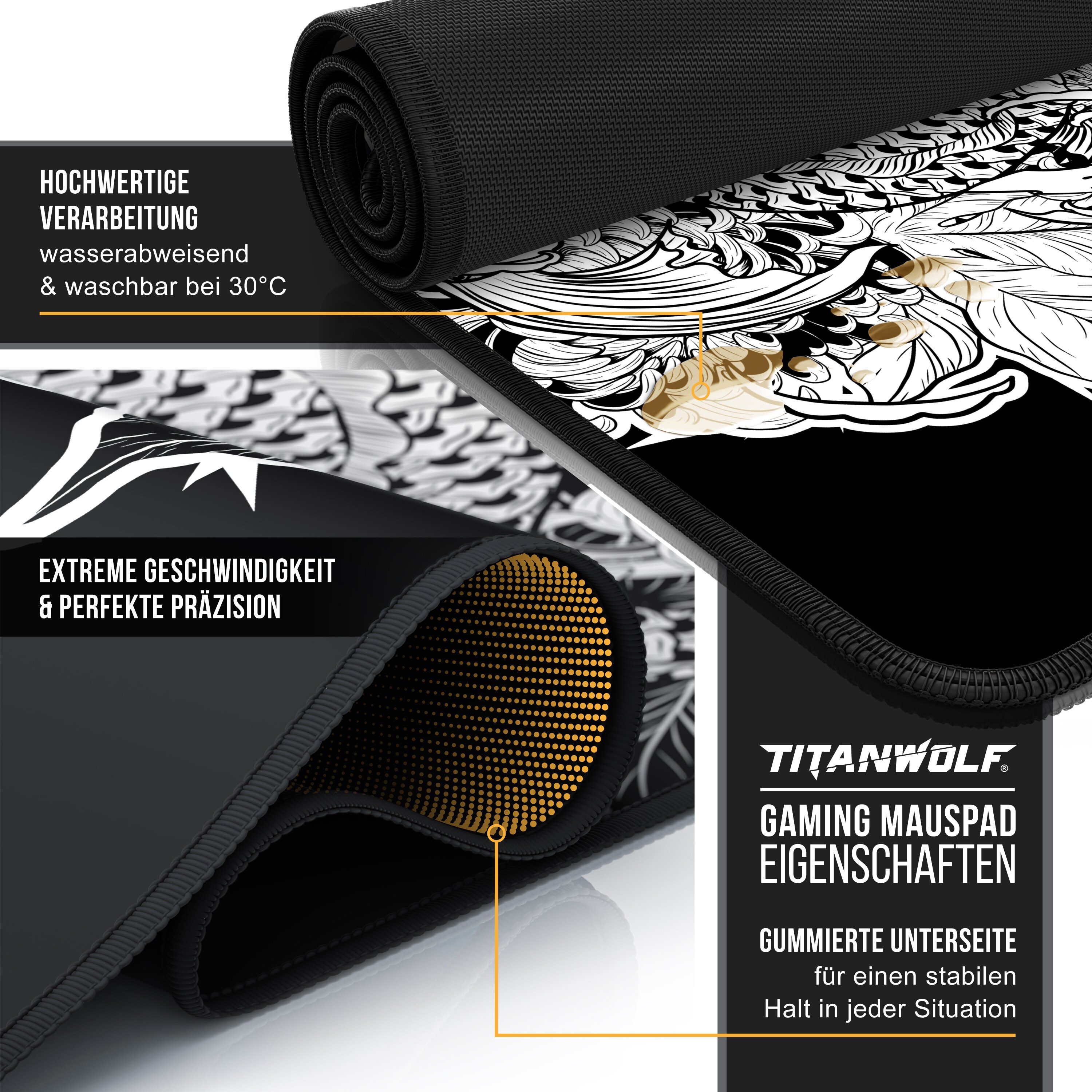 Titanwolf XXL Speed Gaming Mauspad Titanwolf Schwarz 900 x 400mm, XXL Mousepad, Tischunterlage Large Size, verbessert Präzision und Geschwindigkeit