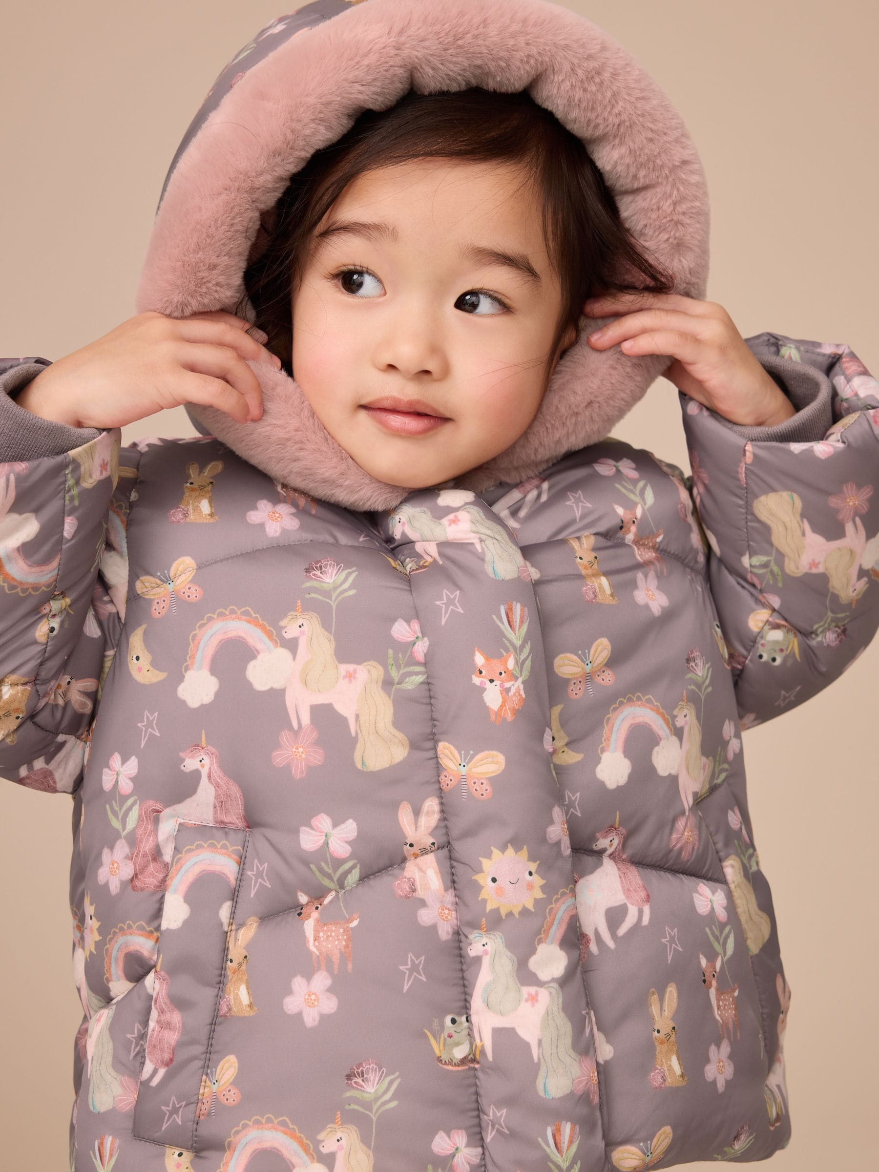 Damson Unicorn - Regenbestendige gewatteerde jas met imitatiebont afwerking (3mnd-7jr)