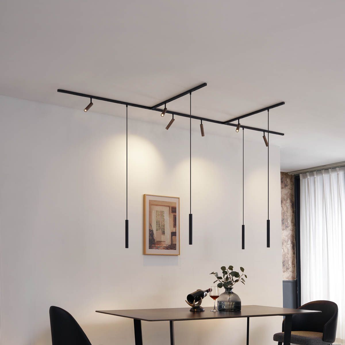 Modern railsysteem met 6 spots en 4 hanglampen donker brons 1-fase - Slimline Uzzy Keno