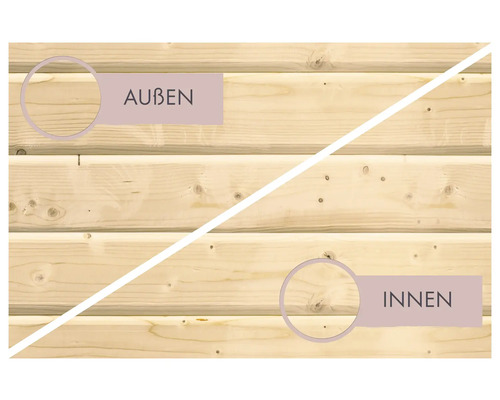 Karibu Mia blokhutsauna zonder kachel en dakrand, met houten deur en geïsoleerd glas.