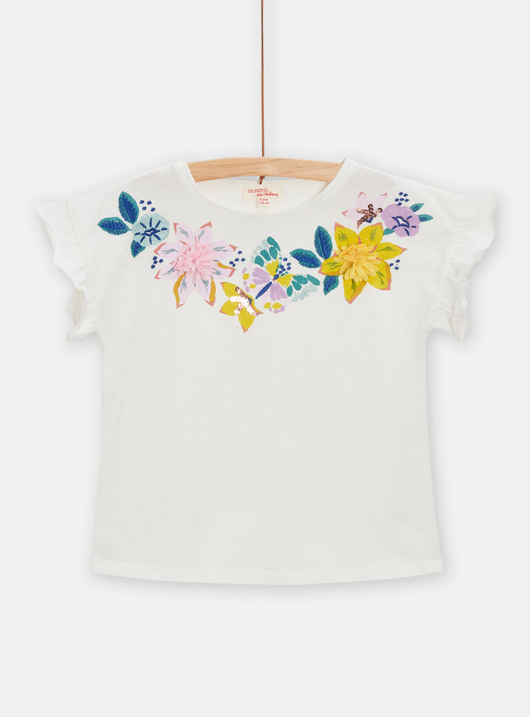 T-shirt écru animation fleurie pour fille