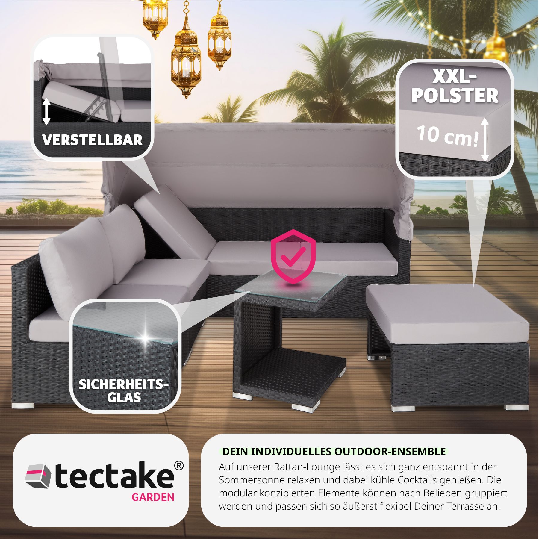 tectake® Rattan Lounge, mit Aluminiumgestell, wetterfest und UV-beständig, mit klapparem Sonnenschutz, mit Sicherheitsglasplatte, variabel aufstellbar