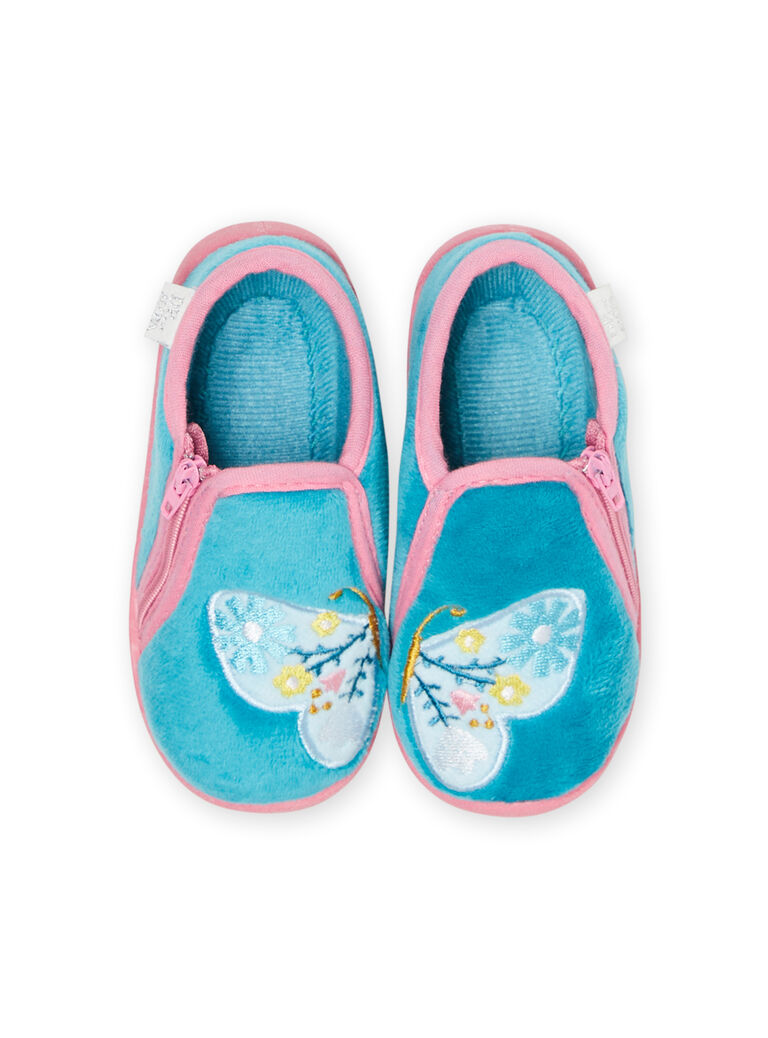 Bottillons bleu azur et roses à motif papillon bébé fille