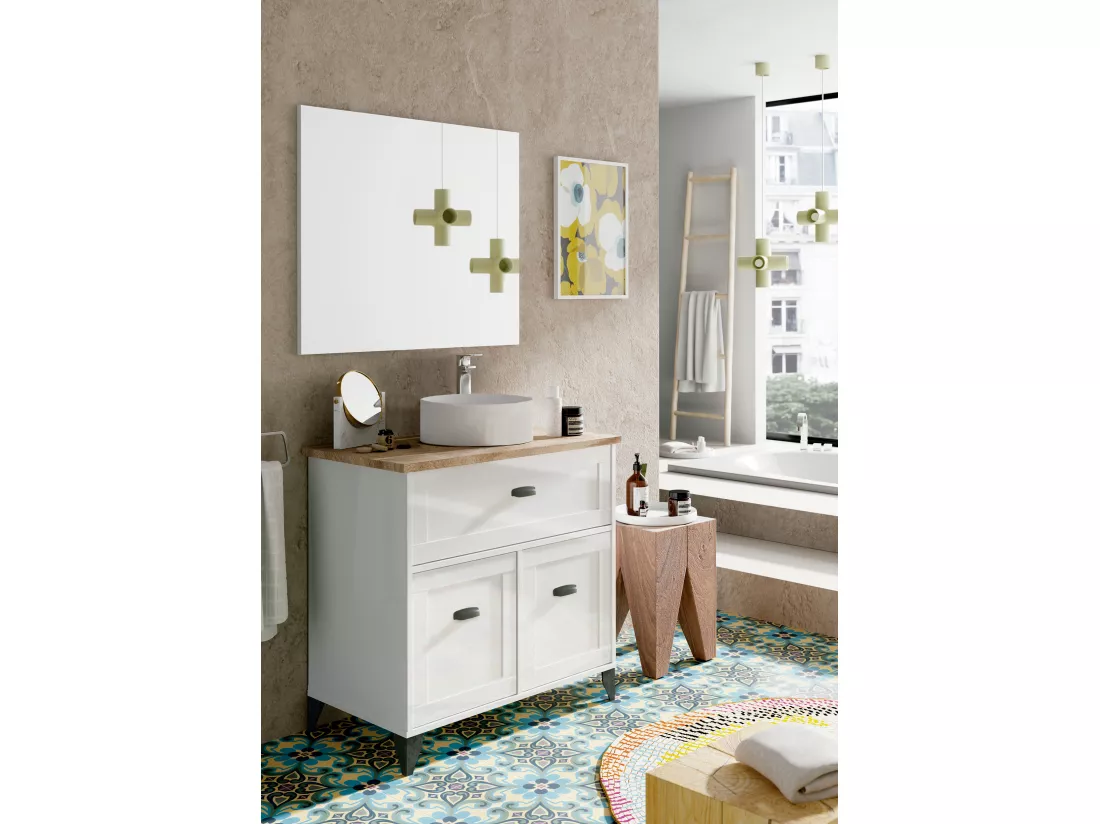 Meuble Vasque 2 portes + 1 tiroir coloris blanc Mat/Cambrian - Hauteur 95 x Longueur 82 x Profondeur 47 cm