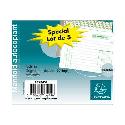 Exacompta - 5 Manifolds Carnets de factures - 50 dupli - 10,5 x 13,5 cm