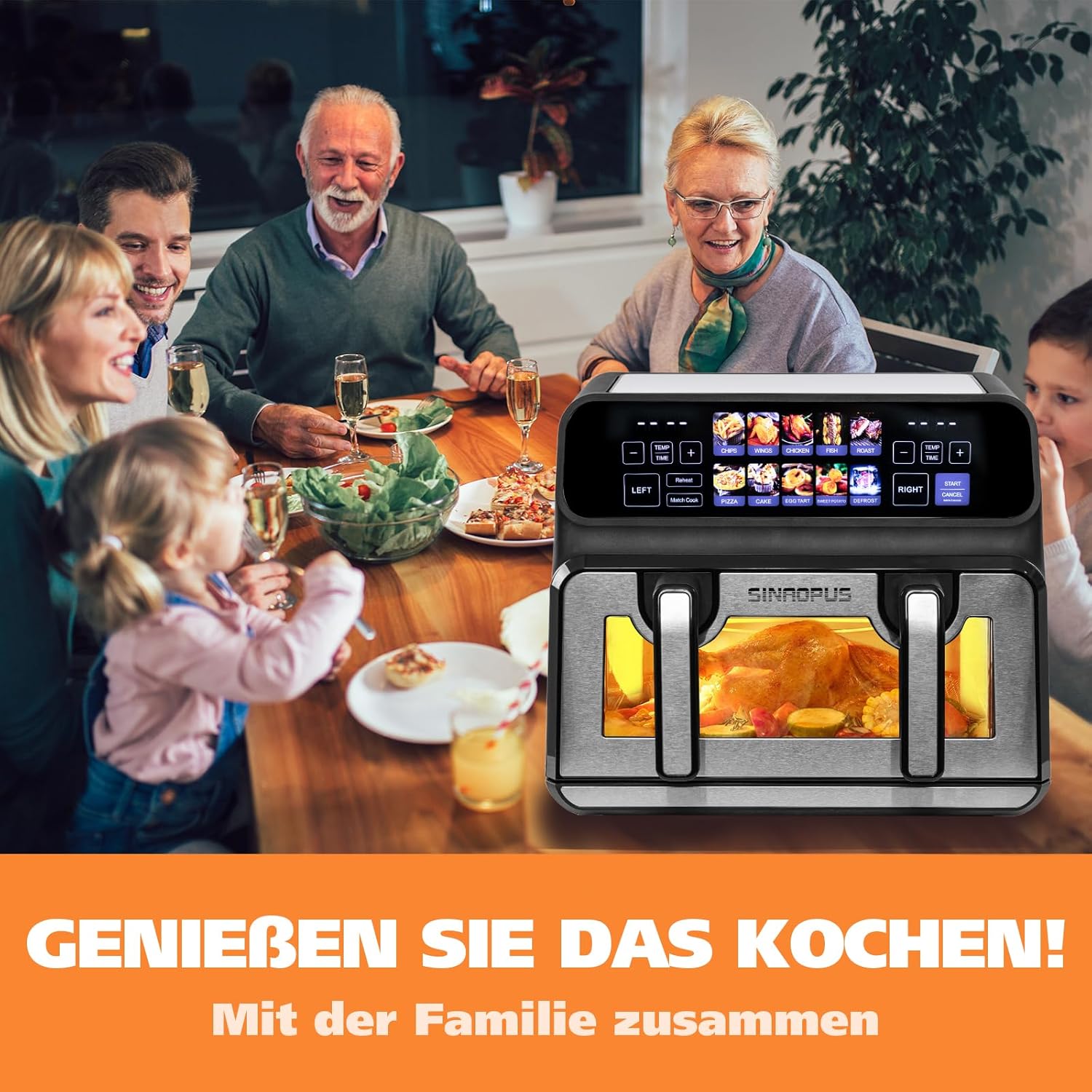 Dual Zone 9L-802TS Heißluftfritteuse, XXL Doppelkammer 2200W Heißluftfritteuse mit Trennwand, LED Touch Display, 8 Programme, 10-in-1 Heißluftfritteuse mit 2 Körben