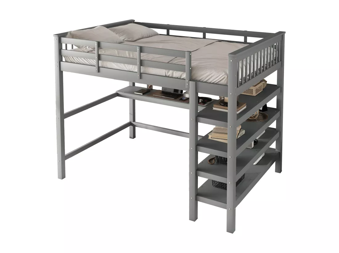 Lit mezzanine 140x200cm en bois - avec bureau et étagère de rangement - Gris