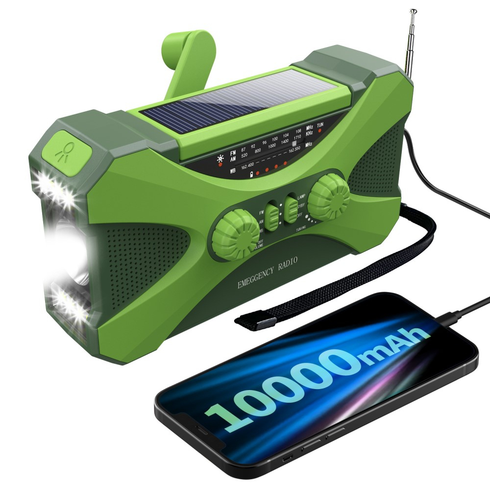 (17x9cm) 4in1 Outdoor Kurbel Radio mit WB/AM/FM / USB Powerbank / Solar Taschenlampe / SOS Alarm - Grün