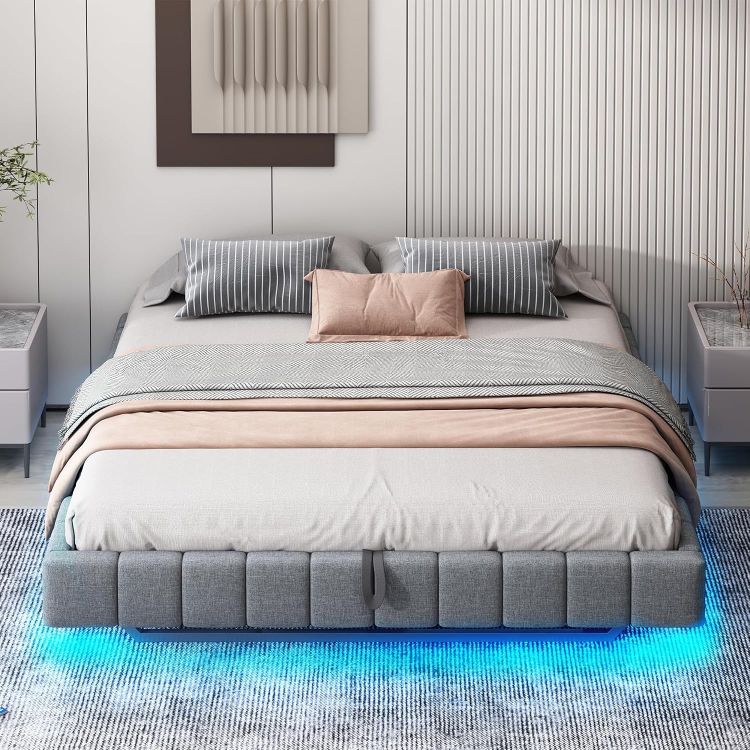 Bett 180x200 mit Stauraum, Multifunktionales Polsterbett mit Bettkasten und Schwebebettrahmen, einfacher Boxbett Jugendbett ohne Kopfteil, Leinen, Grau